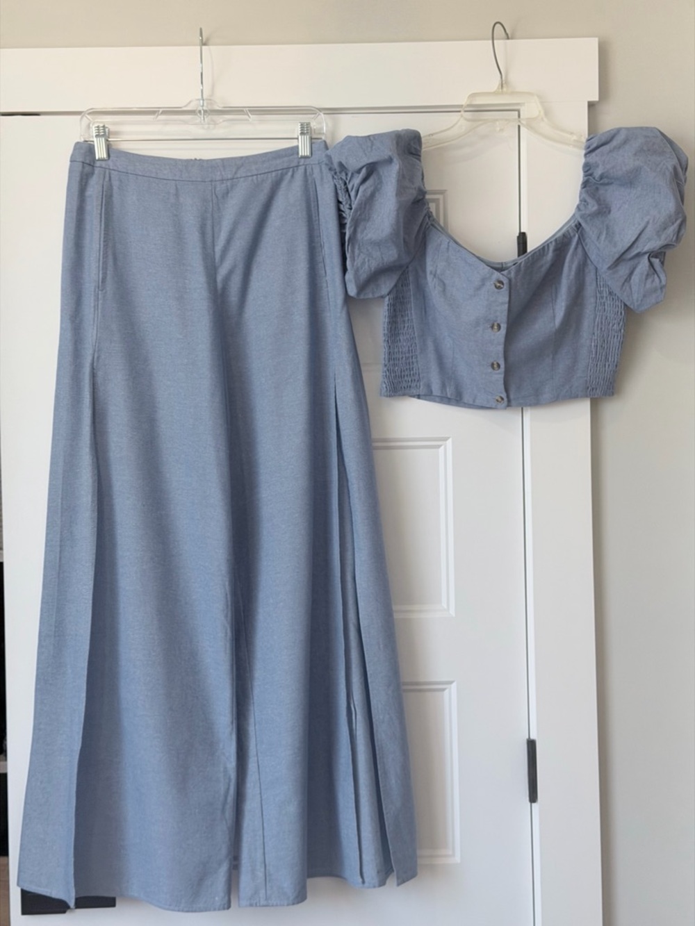 Lulu's Light Blue Puff-Sleeve Crop Top & Maxi Pants Set